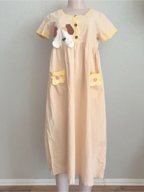 Vtg PET SHOP Puppy Dog Applique Dress Gingham Flower Pocket Mori Kei Kawaii SZ M